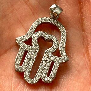 NEW Sterling Silver, Crystal encrusted Hamza, Hand of Fatima, Good Luck Pendant